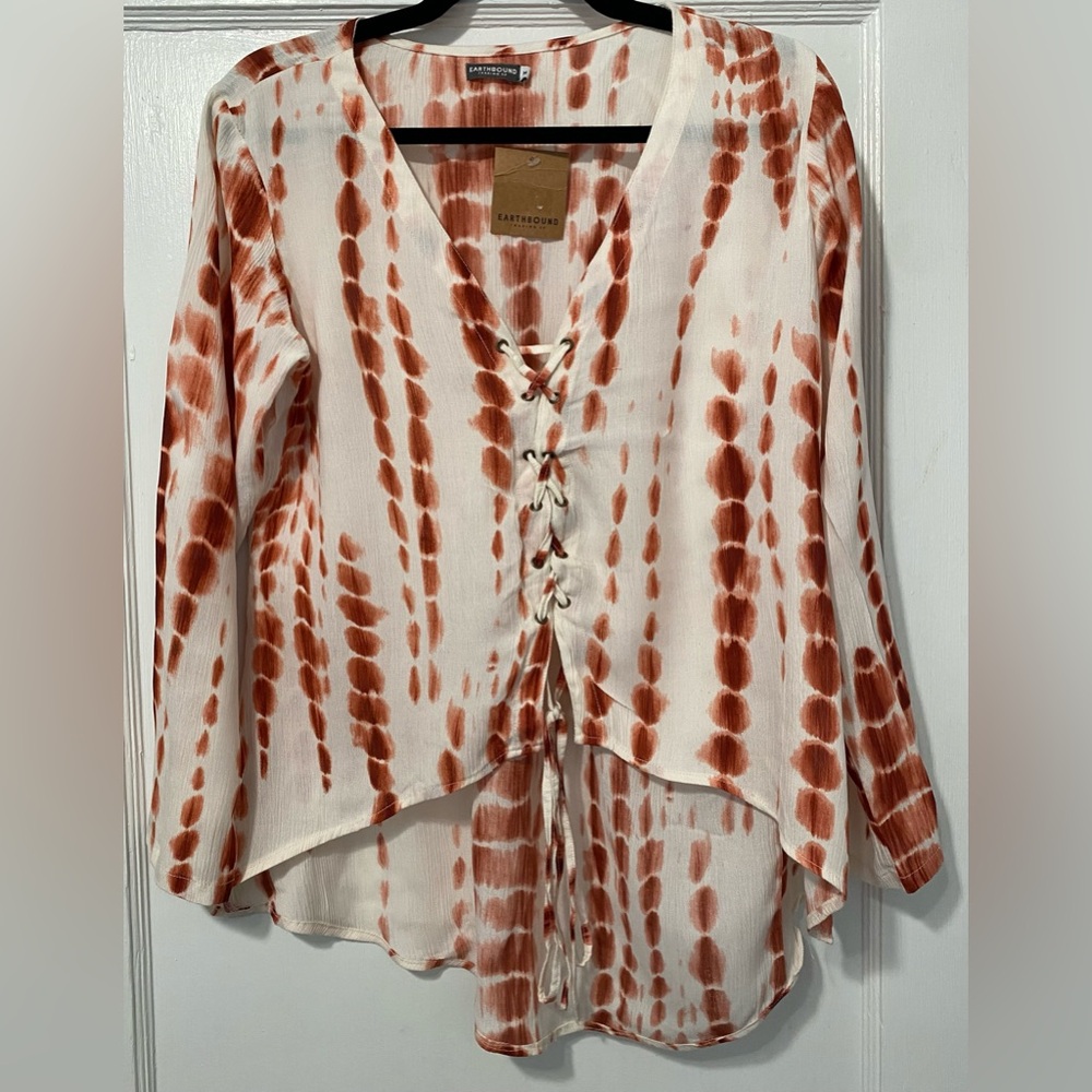 Earthbound Cream and Rust BOHO Tie-Dye Women's Top Size M NWT
